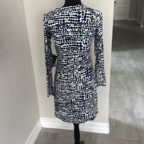 IBKUL long sleeve dress, white background with blue and green polkadots, Size XS - Picture 3 of 4